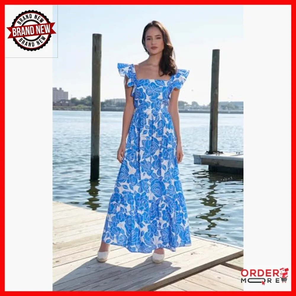 Size 0 Maxi Dress with Square Neck Ruffle Detail Polyester Lined - Picture 6 of 7